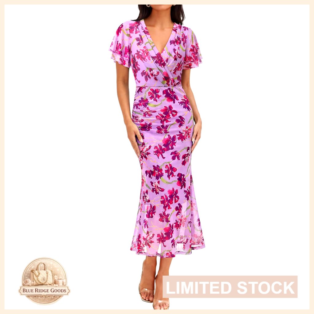 Floral Mesh Maxi Dress Ruched Bodycon Ruffle Sleeve Elegant Wedding Guest